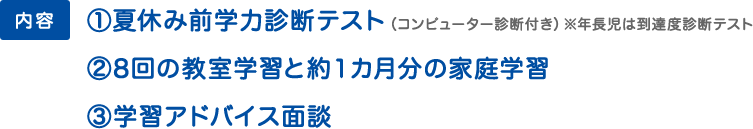 ①夏休み前学力診断テスト（コンピューター診断付き）※年長児は到達度診断テスト ②8回の教室学習と約１カ月分の家庭学習 ③学習アドバイス面談